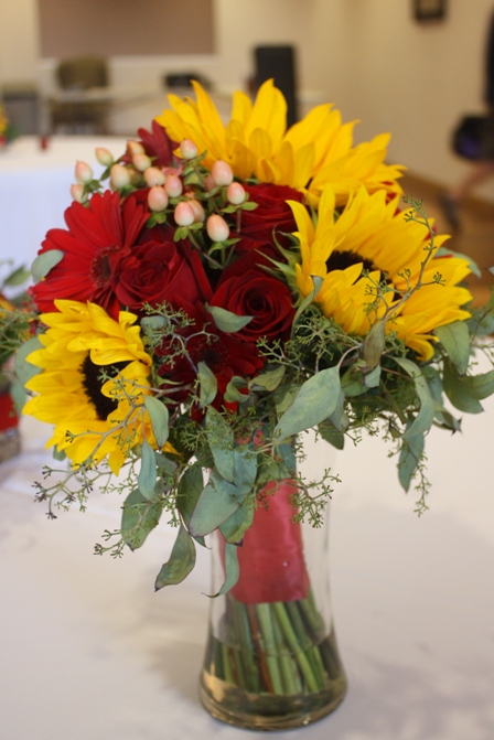 Fall wedding bouquet with red roses Freedom Sunflowersred Gerberaseeded 