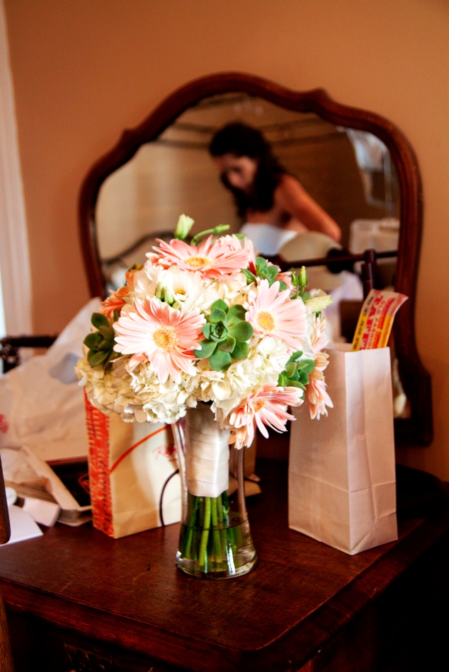 Light pink & white bridal bouquet. Flowers included: light pink Gerbera, white Hydrangea, white Lisianthus, Succulent plants
