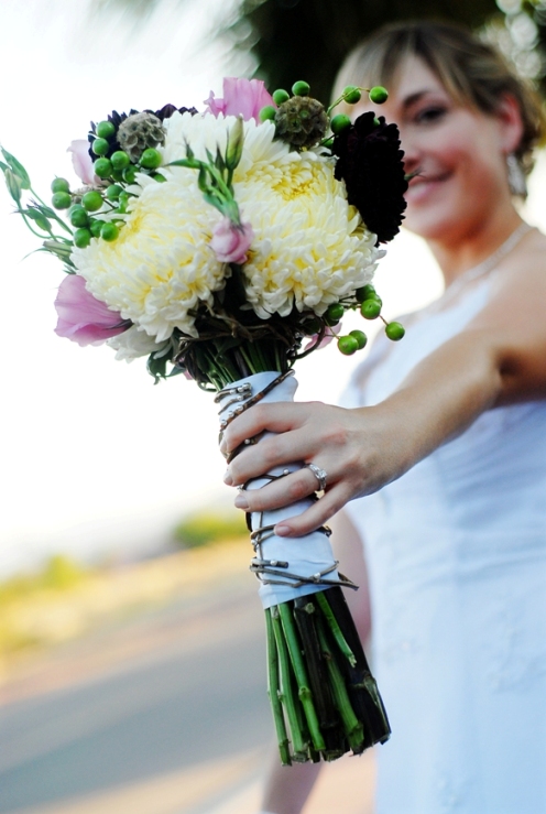 Pinkbrowngreen and white wedding bouquet