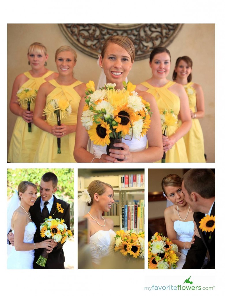 Yellow and white bridal bouquet with brown accents.