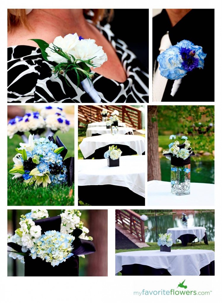 Blue,black and white bridal bouquet with Hydrangea,Lilies,Hypericum berries,Aspedistra leavesbl