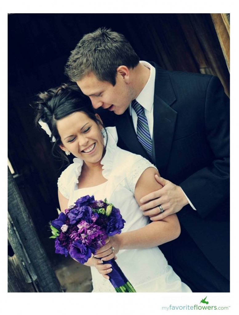 Purple bridal bouquet with Lisianthus, Stock, Hydrangea, Carnations